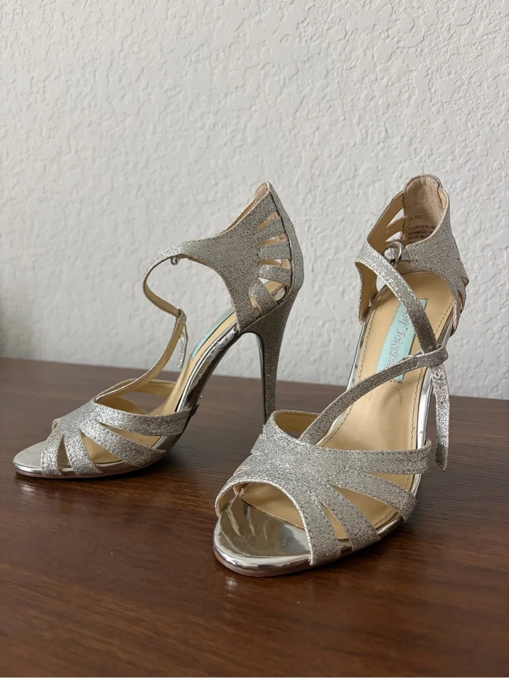 Betsey Johnson Silver Glitter Strappy High Heel Sandals - Picture 1 of 4